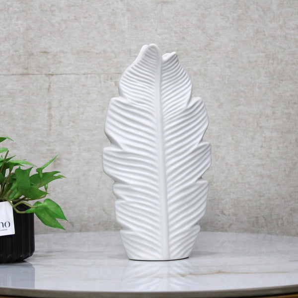 Textured White Leaf Vase - Modern Decorative Accent (Set of 1)