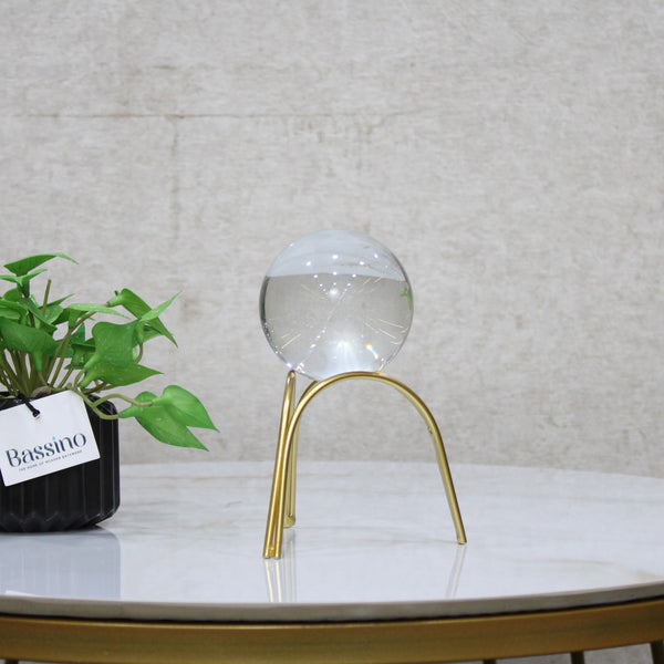 Modern Crystal Orb Decor with Gold Metal Stand – Contemporary Accent Piece 7 Inch