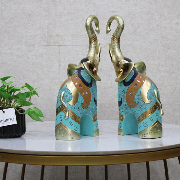 Colorful Elephant Statue Pair – Trunk Heart Design | Ethnic Resin Figurines for Home Decor, Living Room & Gifts
