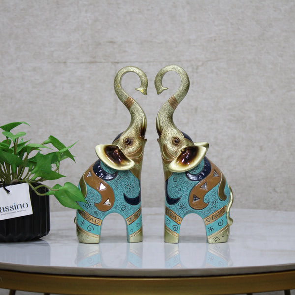 Colorful Elephant Statue Pair – Trunk Heart Design | Ethnic Resin Figurines for Home Decor, Living Room & Gifts