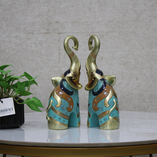 Colorful Elephant Statue Pair – Trunk Heart Design | Ethnic Resin Figurines for Home Decor, Living Room & Gifts