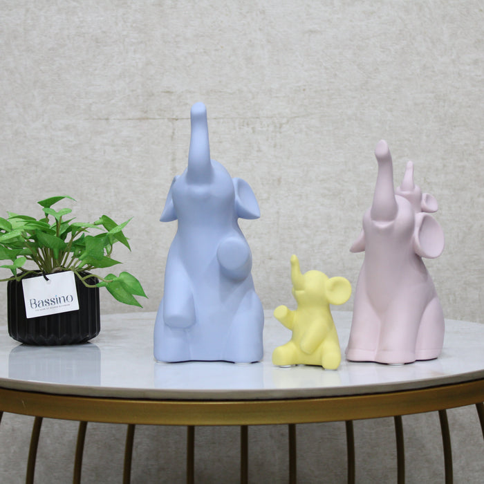 Colorful Elephant Family Figurine Set – Modern Pastel Showpieces for Home Decor | Set of 3 (Blue, Pink & Yellow)