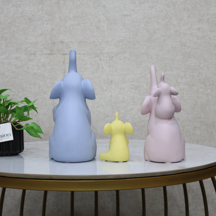 Colorful Elephant Family Figurine Set – Modern Pastel Showpieces for Home Decor | Set of 3 (Blue, Pink & Yellow)