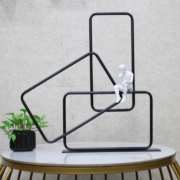 Modern Abstract Thinker Sculpture – Minimalist Metal Frame Art Piece with White Figurine | Contemporary Home & Office Decor 18.5 Inch (BSP-1211)