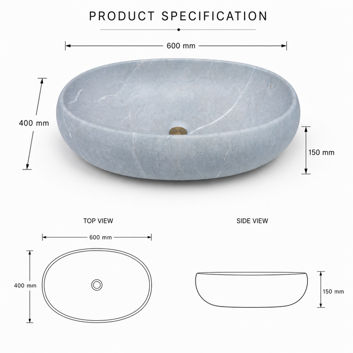 Light blue Ceramic finish oval table top wash basin, 600x400x150 mm, displayed in a modern luxury bathroom setting.