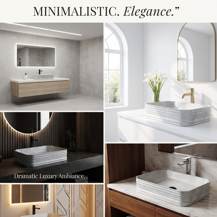 Light grey marble pattern ceramic rectangular table top wash basin 460x325x125 mm with rounded corners and horizontal ribbed exterior.