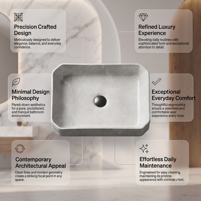 Light grey marble pattern ceramic rectangular table top wash basin 460x325x125 mm with rounded corners and horizontal ribbed exterior.
