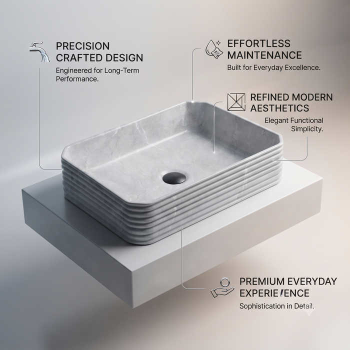 Light grey marble pattern ceramic rectangular table top wash basin 460x325x125 mm with rounded corners and horizontal ribbed exterior.