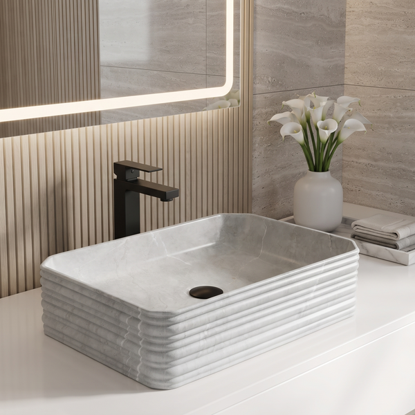 Grey Marble Pattern Ceramic Rectangular Table Top Wash Basin – 460×325×125 mm