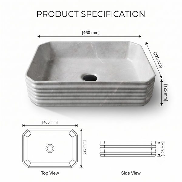Grey Marble Pattern Ceramic Rectangular Table Top Wash Basin – 460×325×125 mm