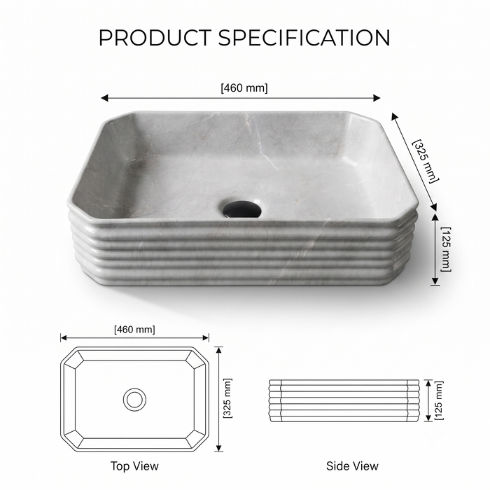 Light grey marble pattern ceramic rectangular table top wash basin 460x325x125 mm with rounded corners and horizontal ribbed exterior.