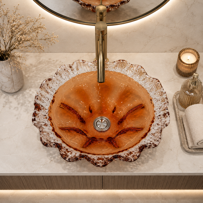 Luxury Amber Orange Crystal Glass Table Top Wash Basin – 420 × 420 × 130 mm