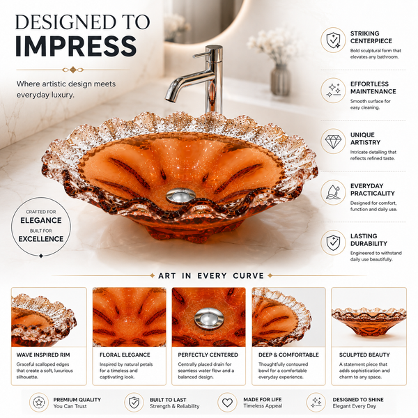 Luxury Amber Orange Crystal Glass Table Top Wash Basin – 420 × 420 × 130 mm