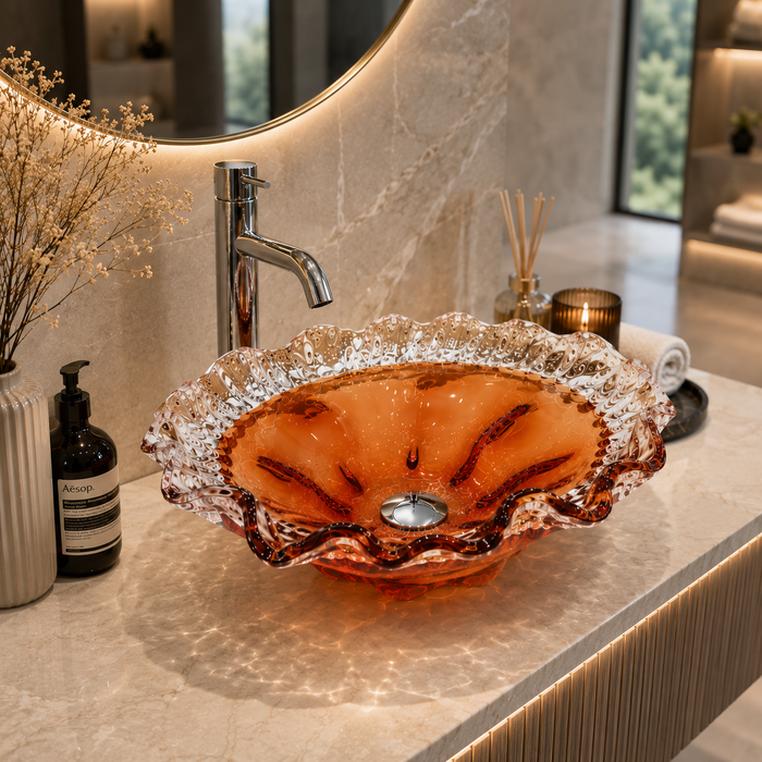 Luxury Amber Orange Crystal Glass Table Top Wash Basin – 420 × 420 × 130 mm