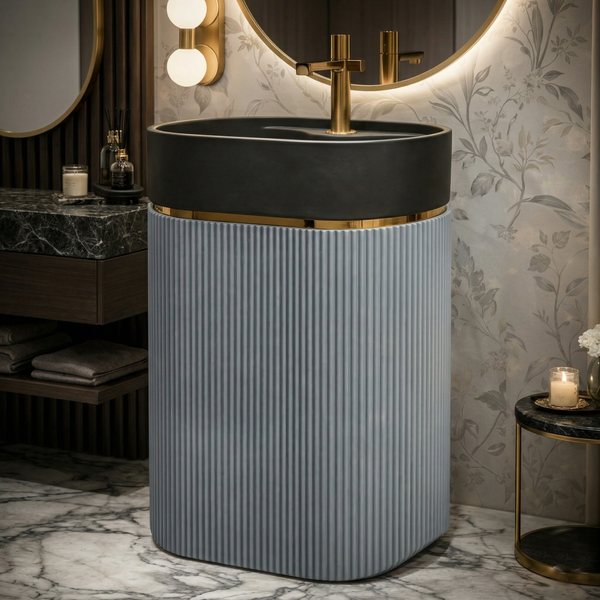 Luxury Artificial Pedestal Basin with Gold Accent | Designer Freestanding Wash Basin with Tap Hole | 16" × 16″ × 34.5″ In Black