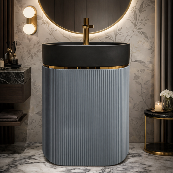 Luxury Artificial Pedestal Basin with Gold Accent | Designer Freestanding Wash Basin with Tap Hole | 16" × 16″ × 34.5″ In Black
