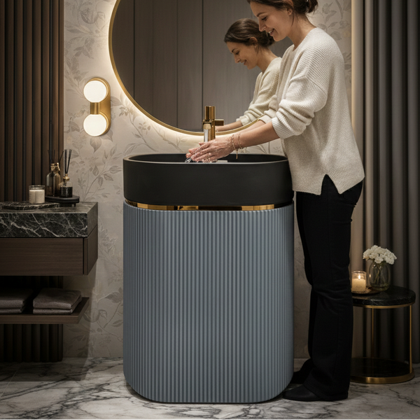 Luxury Artificial Pedestal Basin with Gold Accent | Designer Freestanding Wash Basin with Tap Hole | 16" × 16″ × 34.5″ In Black
