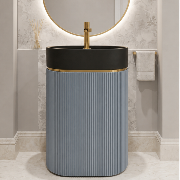 Luxury Artificial Pedestal Basin with Gold Accent | Designer Freestanding Wash Basin with Tap Hole | 16" × 16″ × 34.5″ In Black