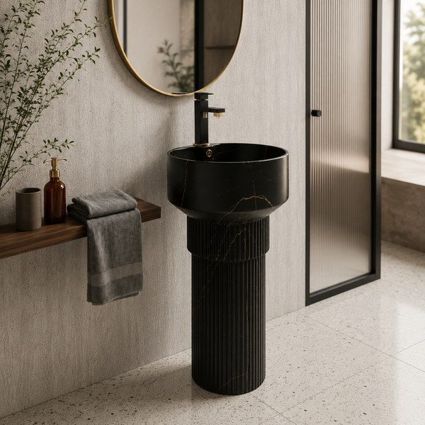 BASSINO Designer Pedestal Basin – 16″ x 17″ x 33″ In, Luxury Floor Standing Black Marble Finish Wash Basin