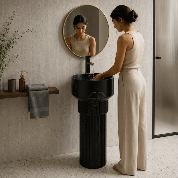 BASSINO Designer Pedestal Basin – 16″ x 17″ x 33″ In, Luxury Floor Standing Black Marble Finish Wash Basin