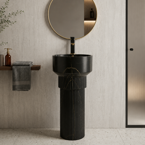 BASSINO Designer Pedestal Basin – 16″ x 17″ x 33″ In, Luxury Floor Standing Black Marble Finish Wash Basin