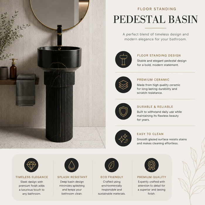 Luxury Floor Standing Black Marble Finish Wash Basin