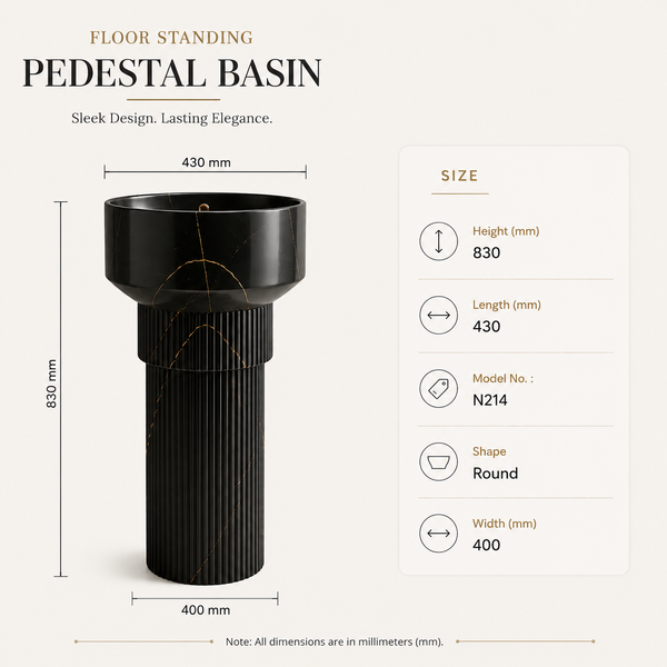 BASSINO Designer Pedestal Basin – 16″ x 17″ x 33″ In, Luxury Floor Standing Black Marble Finish Wash Basin