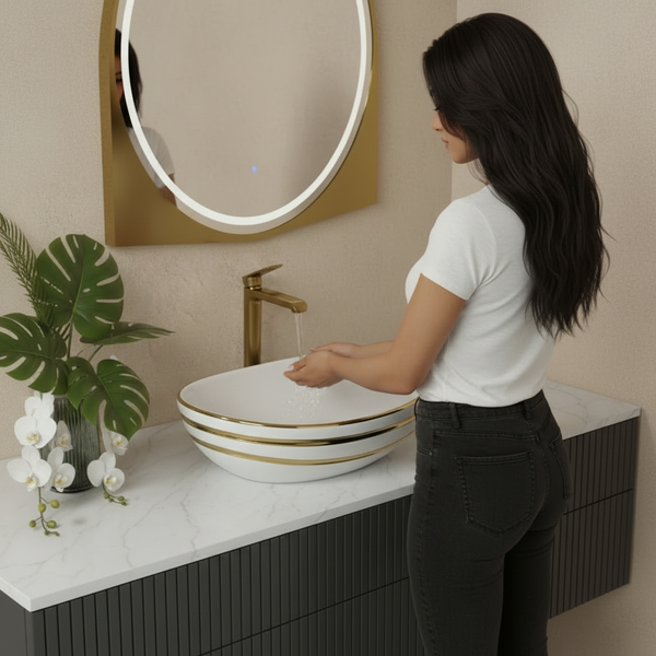Luxury Gold Detailing Countertop Wash Basin | Designer Table Top Bathroom Basin (24" × 14" × 6" IN) White Gold stripes