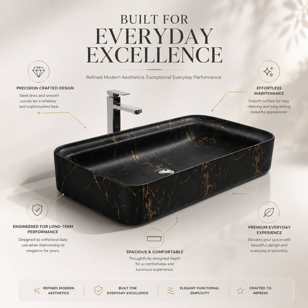 Luxury Matt Marble Countertop Wash Basin | Designer Rectangular Table Top Basin |  (30" × 16" × 6" IN) Black
