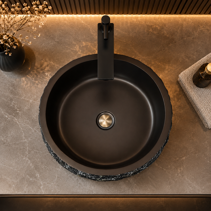 Luxury black textured artificial stone table top wash basin with a smooth round interior, 400 × 400 × 150 mm.