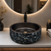 Luxury black textured artificial stone table top wash basin with a smooth round interior, 400 × 400 × 150 mm.