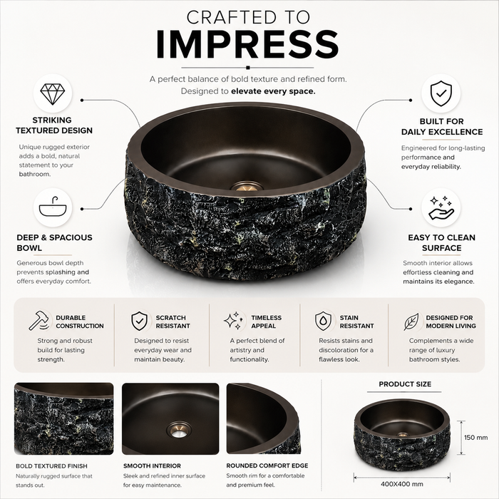 Luxury black textured artificial stone table top wash basin with a smooth round interior, 400 × 400 × 150 mm.