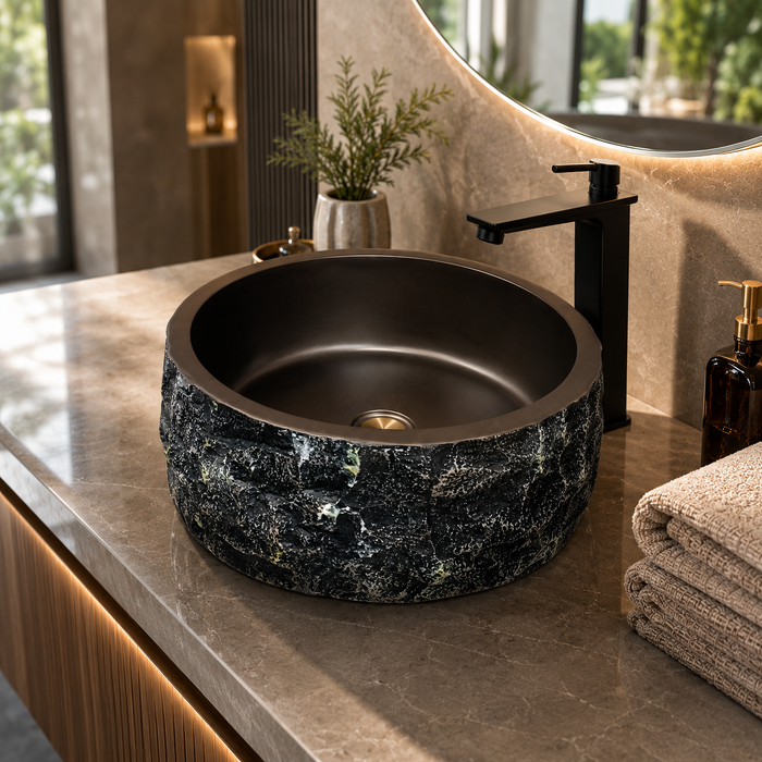 Luxury black textured artificial stone table top wash basin with a smooth round interior, 400 × 400 × 150 mm.
