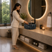 Luxury black textured artificial stone table top wash basin with a smooth round interior, 400 × 400 × 150 mm.