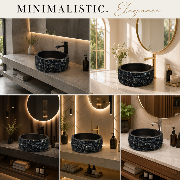 Luxury black textured artificial stone table top wash basin with a smooth round interior, 400 × 400 × 150 mm.