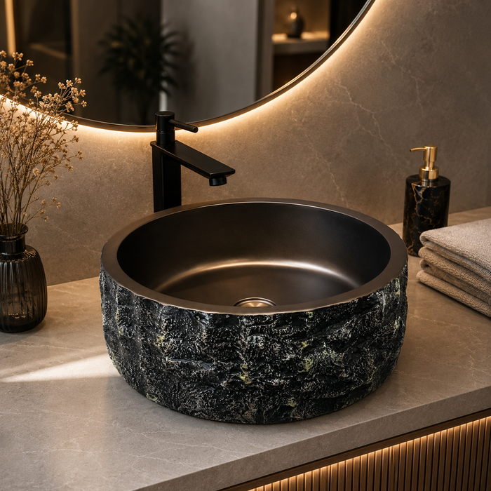 Luxury black textured artificial stone table top wash basin with a smooth round interior, 400 × 400 × 150 mm.