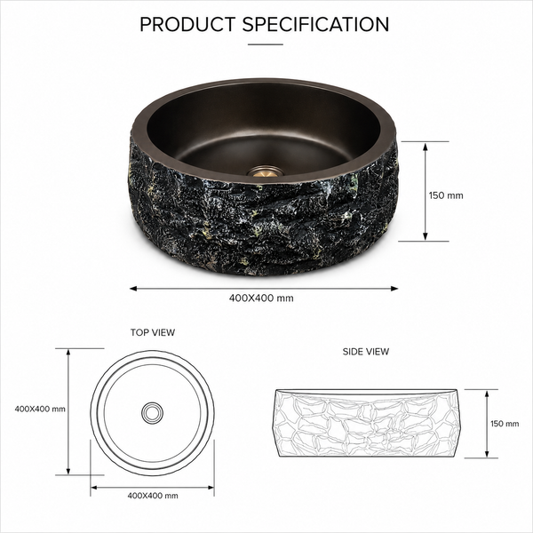 Luxury Black Textured Artificial Stone Table Top Wash Basin – 400 × 400 × 150 mm