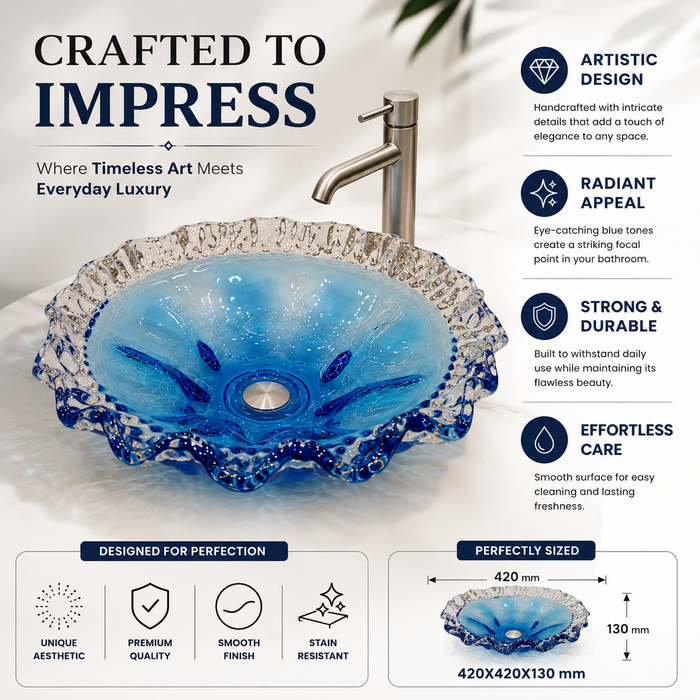 Luxury blue crystal glass table top wash basin with sculpted wavy edges, 420 × 420 × 130 mm, displayed in a modern bathroom.
