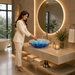 Luxury blue crystal glass table top wash basin with sculpted wavy edges, 420 × 420 × 130 mm, displayed in a modern bathroom.