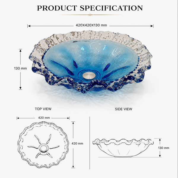 Luxury Blue Crystal Glass Table Top Wash Basin – 420 × 420 × 130 mm