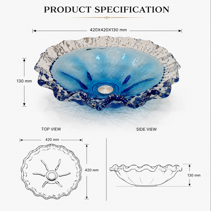 Luxury blue crystal glass table top wash basin with sculpted wavy edges, 420 × 420 × 130 mm, displayed in a modern bathroom.