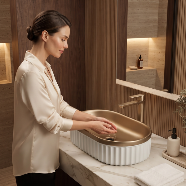 Luxury Dual-Tone Table Top Wash Basin – Bronze & White Fluted Design | 540 × 340 × 150 mm