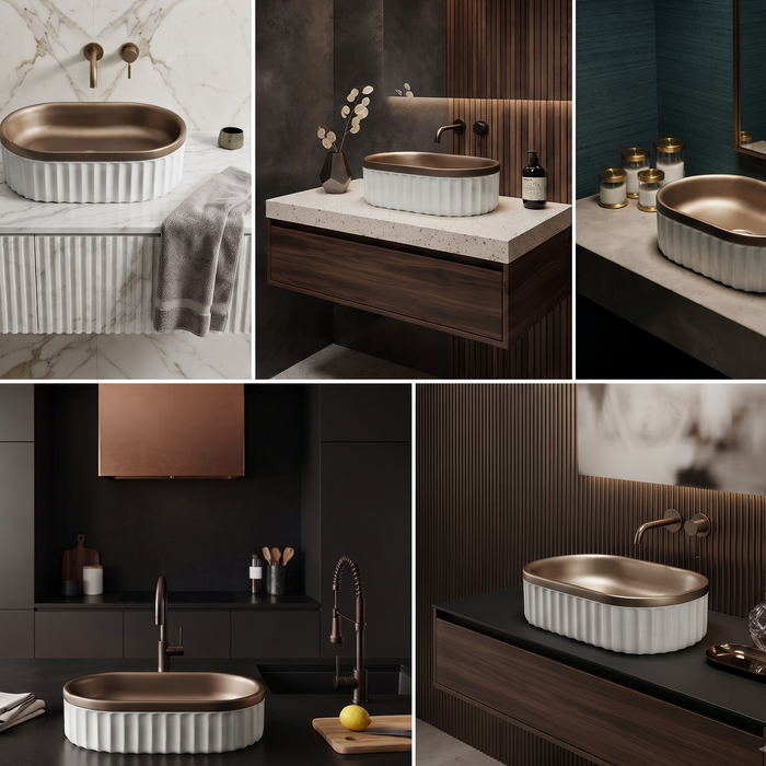 Luxury bronze and white dual-tone table top wash basin with rounded rectangular shape and elegant fluted exterior design for modern bathrooms.
