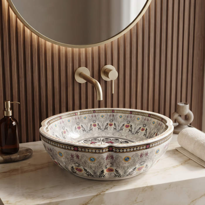 Luxury designer floral table top wash basin with scalloped round shape, multicolour decorative pattern and 420 × 420 × 150 mm size