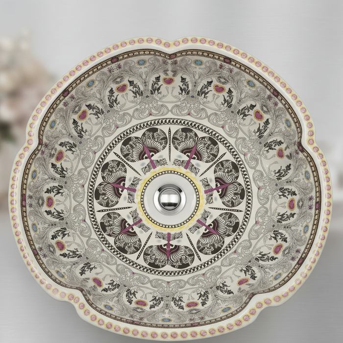Luxury designer floral table top wash basin with scalloped round shape, multicolour decorative pattern and 420 × 420 × 150 mm size