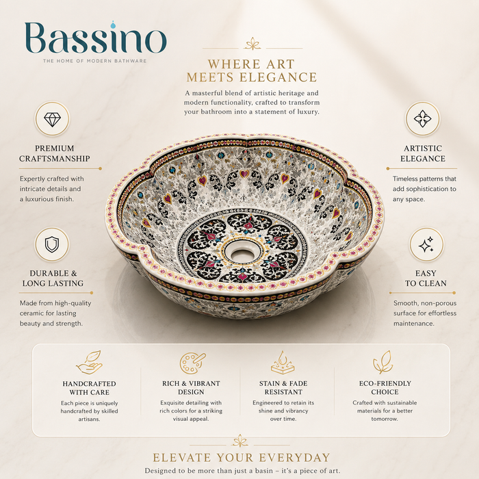 Luxury designer floral table top wash basin with scalloped round shape, multicolour decorative pattern and 420 × 420 × 150 mm size