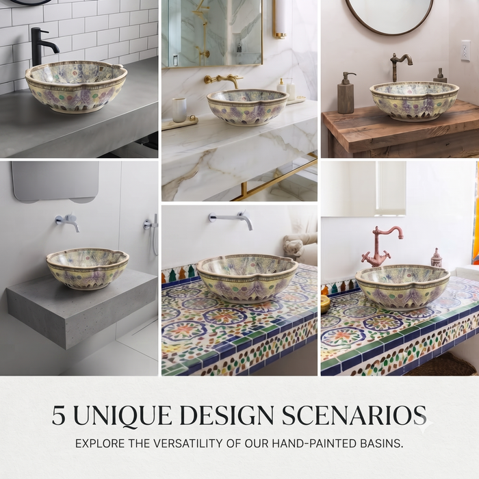 Luxury designer floral table top wash basin with scalloped round shape, multicolour decorative pattern and 420 × 420 × 150 mm size
