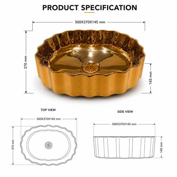 Luxury gold ceramic oval vessel wash basin with decorative scalloped exterior by Bassino