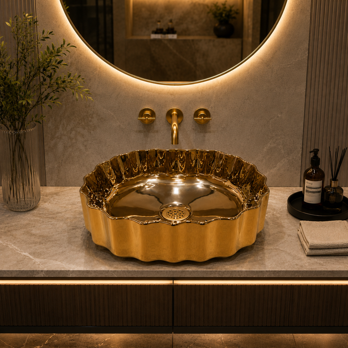 Luxury gold ceramic oval vessel wash basin with decorative scalloped exterior by Bassino