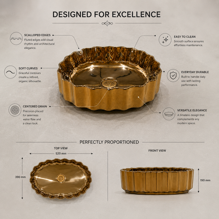 Luxury gold ceramic oval vessel wash basin with decorative scalloped exterior by Bassino